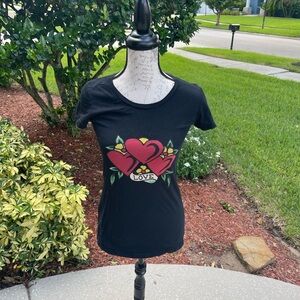 Vintage Y2K Ed Hardy Love Heart Tattoo Black Shirt Women's Size XS